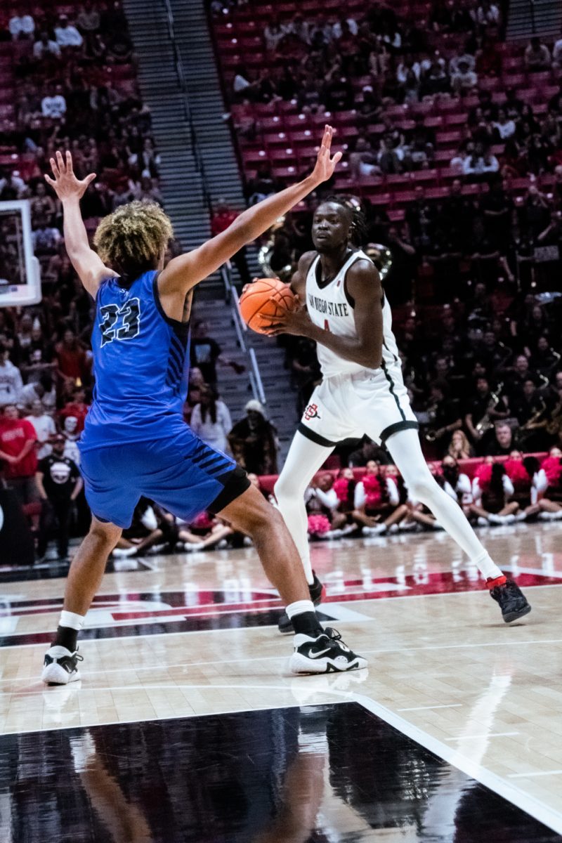 San Diego State forward Jay Pal looks for a lane to drive during an exhibition game against Cal State San Marcos on Monday, Oct. 30 at Viejas Arena.