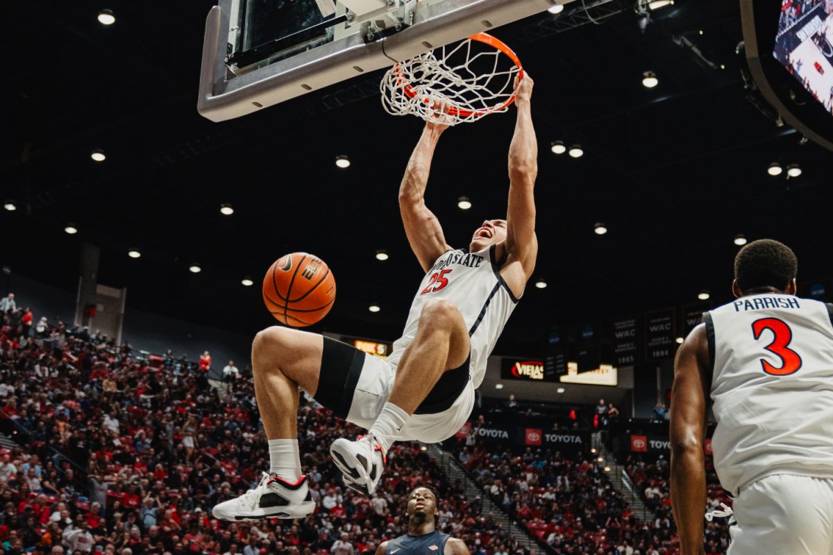 San Diego State forward Elijah Saunders emphatically dunks during the Aztecs 83-57 season opening win against Cal State Fullerton on Monday, Nov. 6 at Viejas Arena. The sophomore recorded career highs of 9 points and 2 steals in the game
