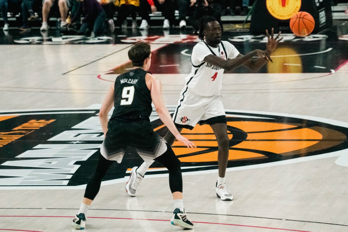 San Diego State guard Jay Pal swings the ball with a pass during the championship game of the Continental Tire Main Event on Sunday, Nov. 19 at T-Mobile Arena in Las Vegas.