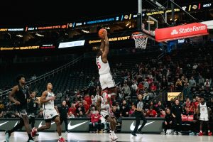 San Diego State guard Lamont Butler breaks free for a slam dunk during the championship game of the Continental Tire Main Event on Sunday, Nov. 19 at T-Mobile Arena in Las Vegas. The Aztecs outlasted the Washington Huskies in overtime, 100-97.