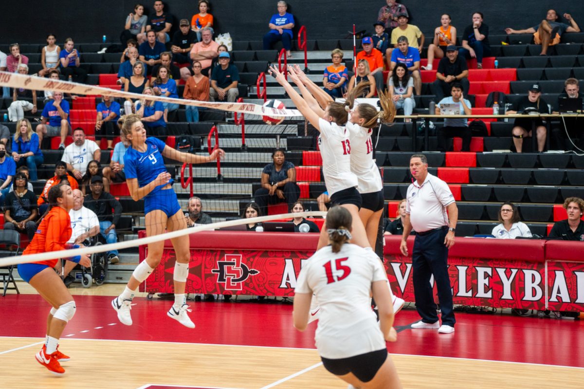 San Diego States Julia Haynie (13) and Campbell Hague (11) rise for a block earlier this season at Aztec Court at Peterson Gym.