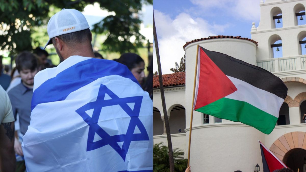 From left to right:

A man wears an Israel flag while demonstrators walk in solidarity with Israel at San Diego State University on Oct. 9. This demonstration occurred after the Hamas attack on Israel on Oct. 7. 

Photo by Gabriel Schneider 

The Palestinian flag is waved in front of Hepner Hall on Oct. 11. Photo by Daesha Gear
