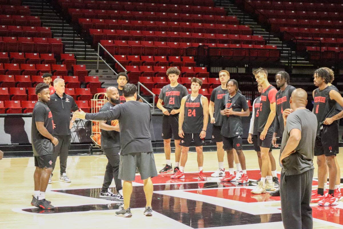 Assistant coaches Dave Velasquez, Chris Acker, JayDee Luster and head coach Brian Dutcher at practice with the Aztecs mens basketball team on Oct. 2, 2023.