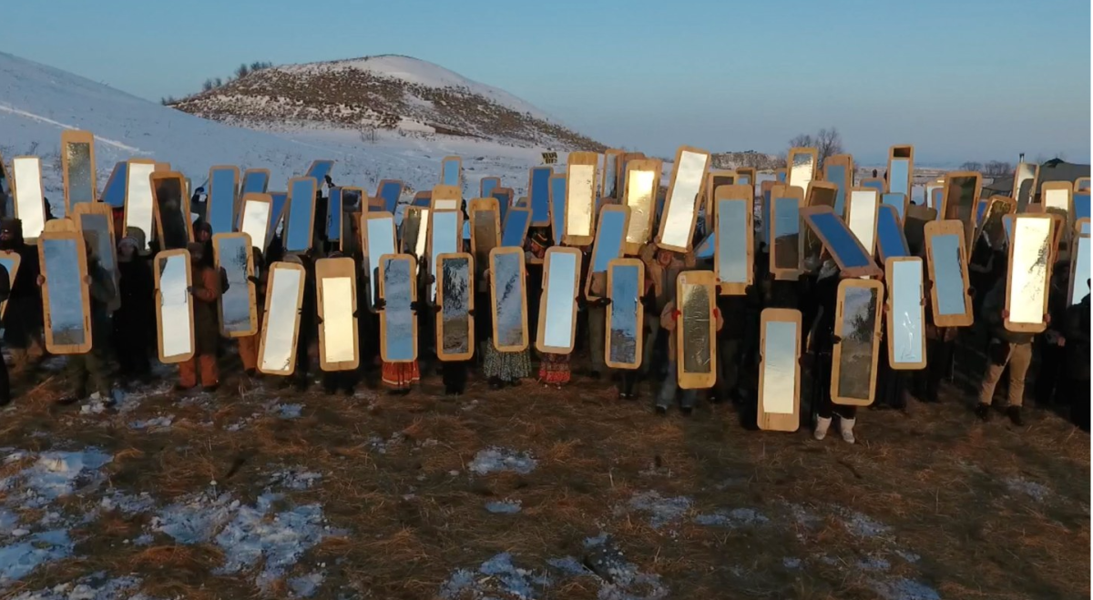 Cannupa Hanska Lugers Mirror Shield Project was performed at Oceti Sakowin Camp, Standing Rock in 2016. Photo courtesy of Cannupa Hanska Luger