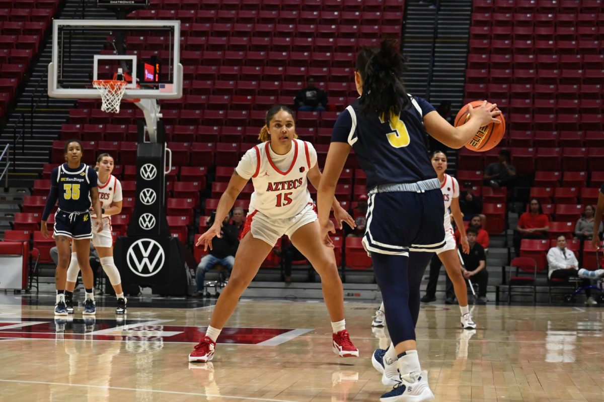 San Diego State guard Jada Lewis readies to defend UC San Diego guard Sumayah Sugapong on Tuesday, Nov. 28 at Viejas Arena. Lewis made four of the Aztecs eight 3-pointers in their 77-71 overtime loss to the Tritons.