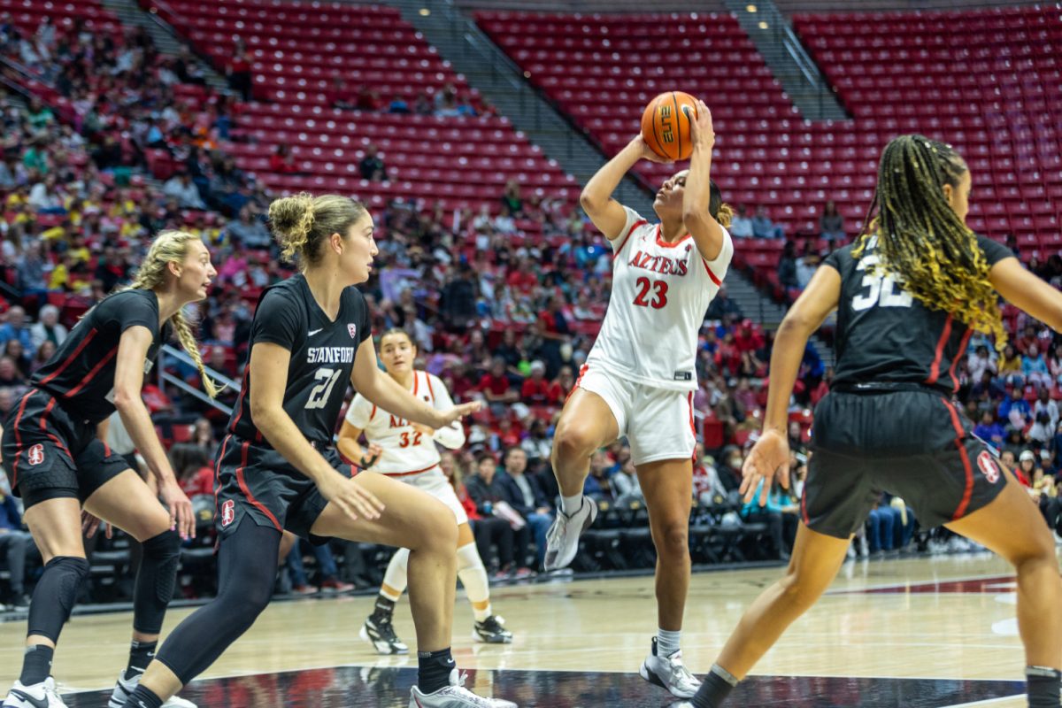 San Diego State forward Kim Villalobos fades away for a shot in the paint against No. 3 Stanford on Friday, Dec. 1 at Viejas Arena. The Aztecs lost to the Cardinal 85-44.