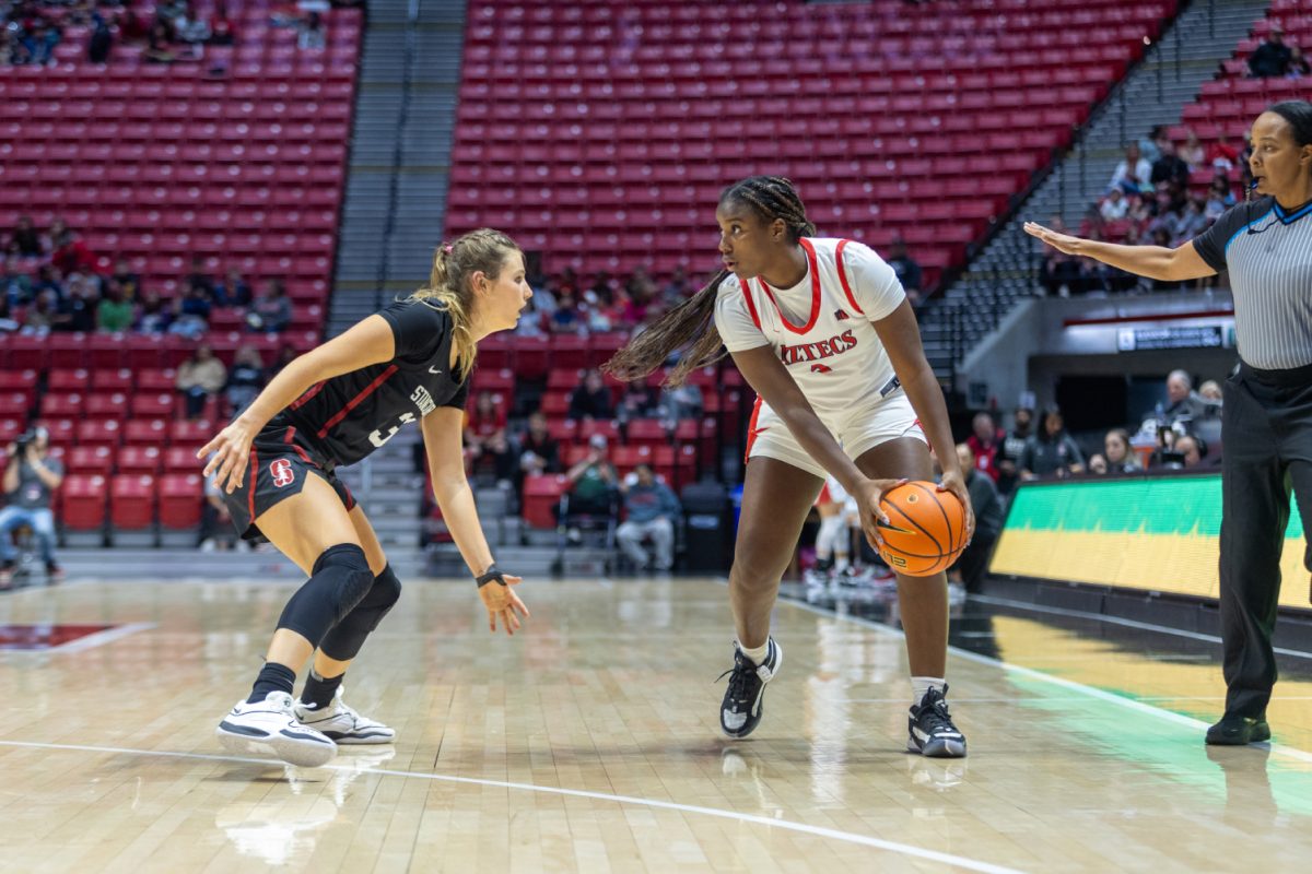 San Diego State freshman guard Alyssa Jackson is defended by Stanford graduate student guard Hailey Jump. Jackson played a personal season-high 23 minutes off the bench for the Aztecs.