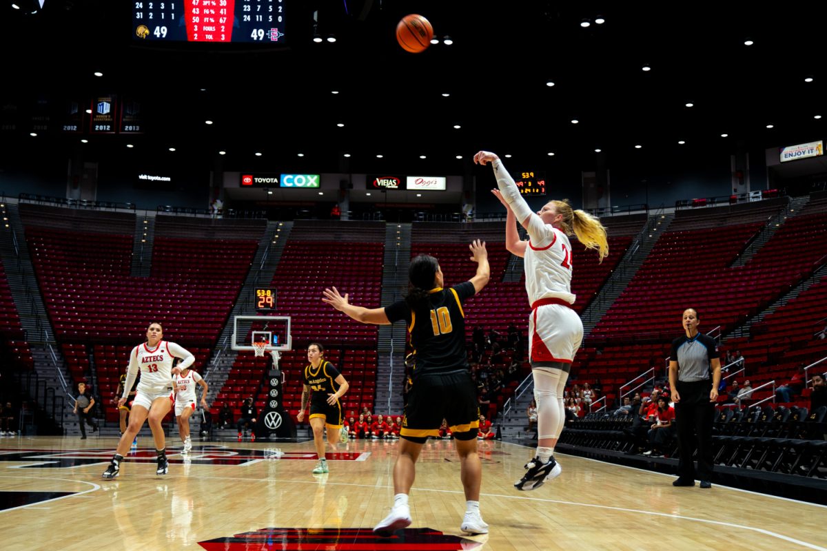 San+Diego+State+guard+Abby+Prohaska+takes+a+jump+shot+with+a+hand+in+the+face+from+Cal+State+LA+guard+Ashley+Orozco+on+Monday%2C+Dec.+4+at+Viejas+Arena.+Prohaska+knocked+down+the+eventual+game-winning+jumper+in+overtime%2C+as+the+Aztecs+won+76-71+over+the+Golden+Eagles.