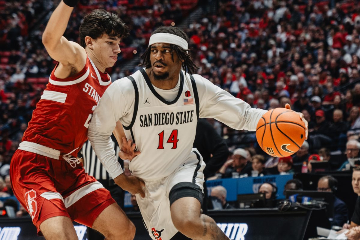 San Diego State guard Reese Waters drives past a defender earlier this season at Viejas Arena. Waters scored 22 points, his second 20-point game for the Scarlet in Black, as the Aztecs won 84-74 at Gonzaga on Friday, Dec. 29.