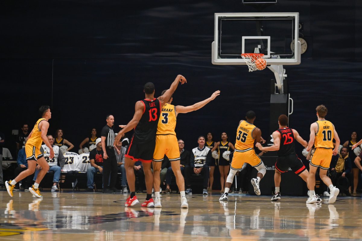 San Diego State forward Jaedon LeDee makes a shot against UC San Diego. His put back with time expiring was the winner for SDSU, 63-62 at UC San Diegos LionTree Arena in La Jolla, Calif.