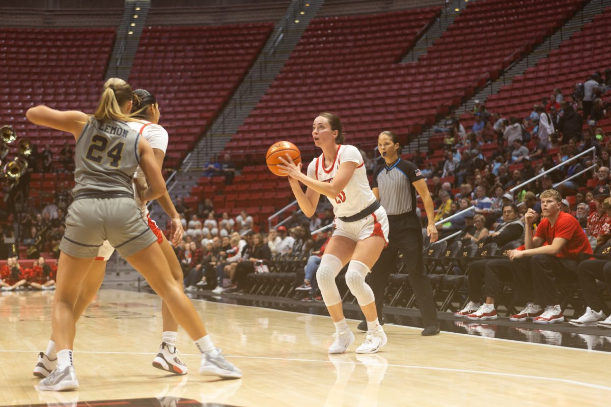 San Diego State guard Sarah Barcello sets up for a shot earlier this season at Viejas Arena. Barcellos scored her SDSU-best 14 points in the Aztecs win against Fresno State.
