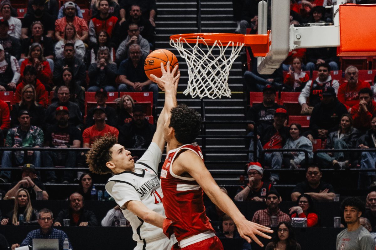 San Diego State guard Miles Byrd attacks the rim earlier this season at Viejas Arena. The sophomore from Stockton, California, had a career-high 13 points in SDSUs 88-70 loss at New Mexico on Saturday, Jan. 13.