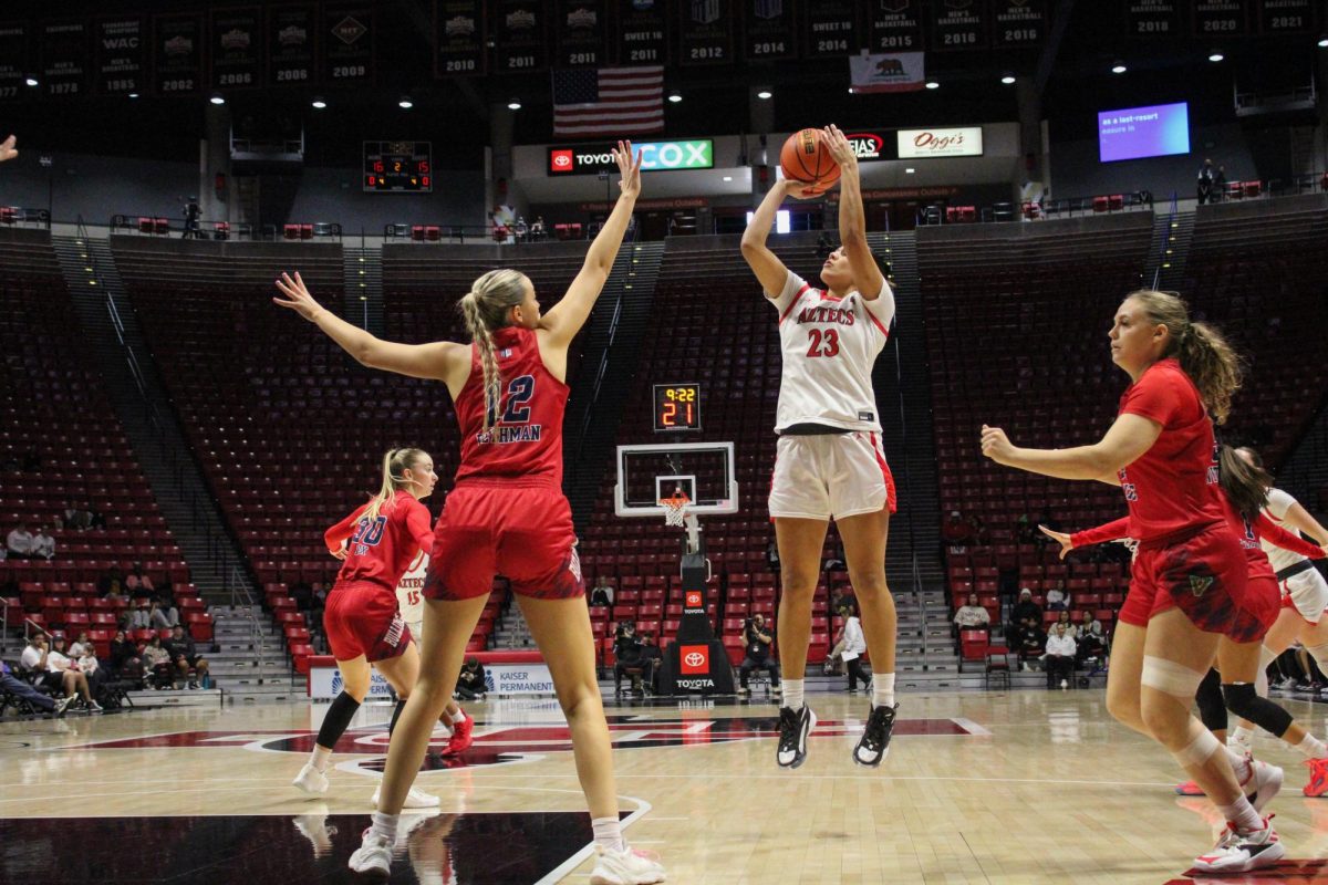 San Diego State forward Kim Villalobos takes a contested jump shot against the Fresno State Defense at Viejas Arena. She recorded a 7 point game, with 3 in free throws in the Aztec loss at Wyoming on Wednesday Jan. 10.  