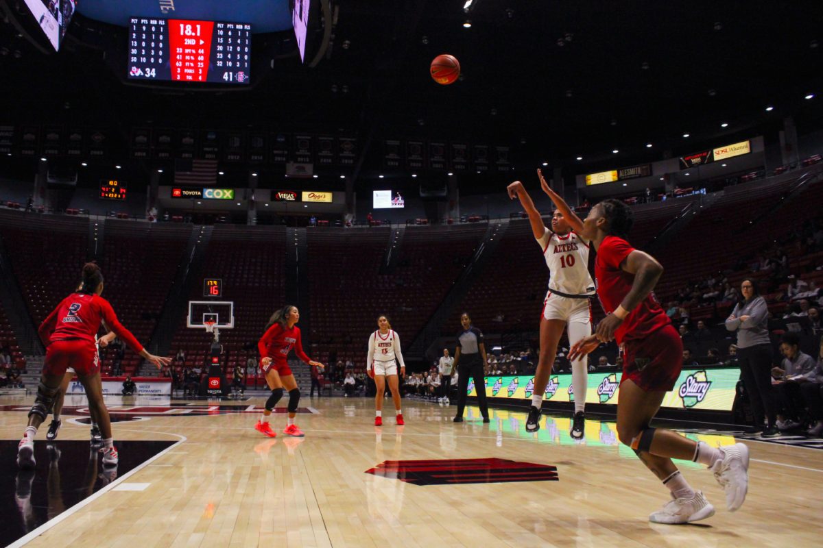 San Diego State guard Mia Davis takes a jump shot earlier this season at Viejas Arena. The freshman from Phoenix scored 11 of her career-high 18 points in the third quarter of the Aztecs 76-62 win at Utah State on Wednesday, Jan. 24.