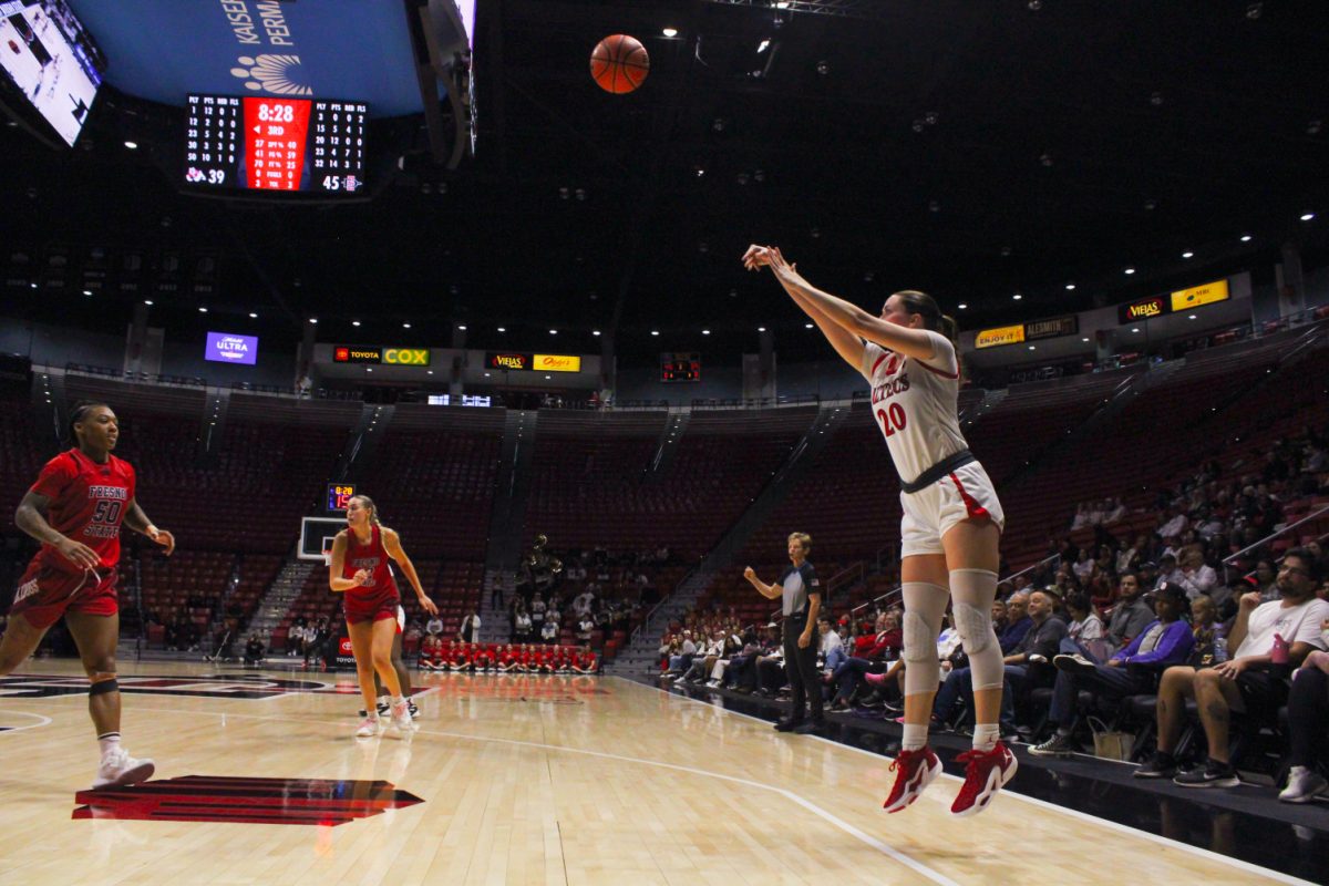 San Diego State guard Sarah Barcello takes for a shot against the Fresno State defense at Viejas Arena. Barcello scored her SDSU-best 14 points in the Aztecs win against Fresno State.