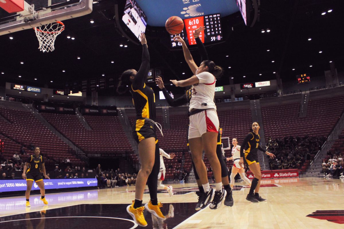 San Diego State forward Kim Villalobos rises through a double team for a shot earlier this season at Viejas Arena. Villalobos had 17 points, 5 rebounds and 2 steals in the Aztecs 79-54 win over Boise State on Saturday, Jan. 27.