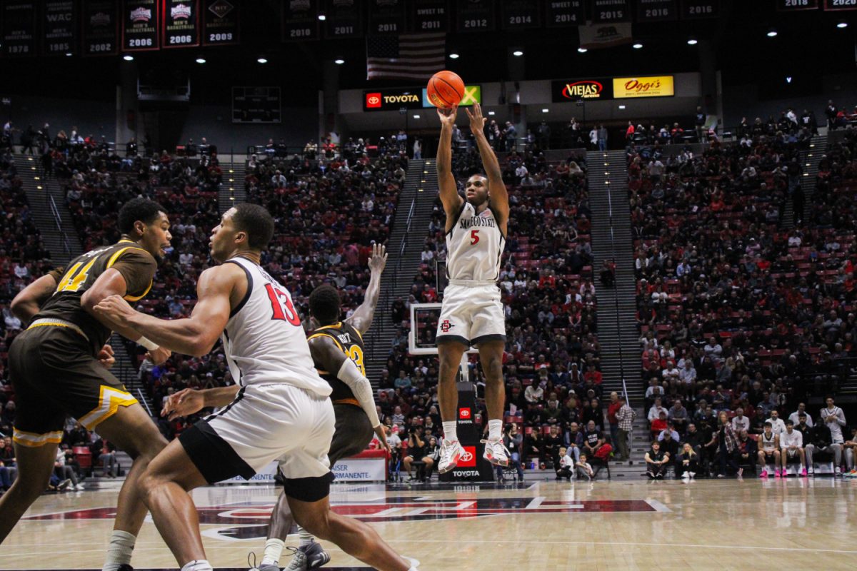 San Diego State guard Lamont Butler pulls up for a jump shot earlier this season at Viejas Arena. The senior scored 16 points and made three of five 3-pointers in the Aztecs 79-71 loss at Colorado State on Tuesday, Jan. 30.