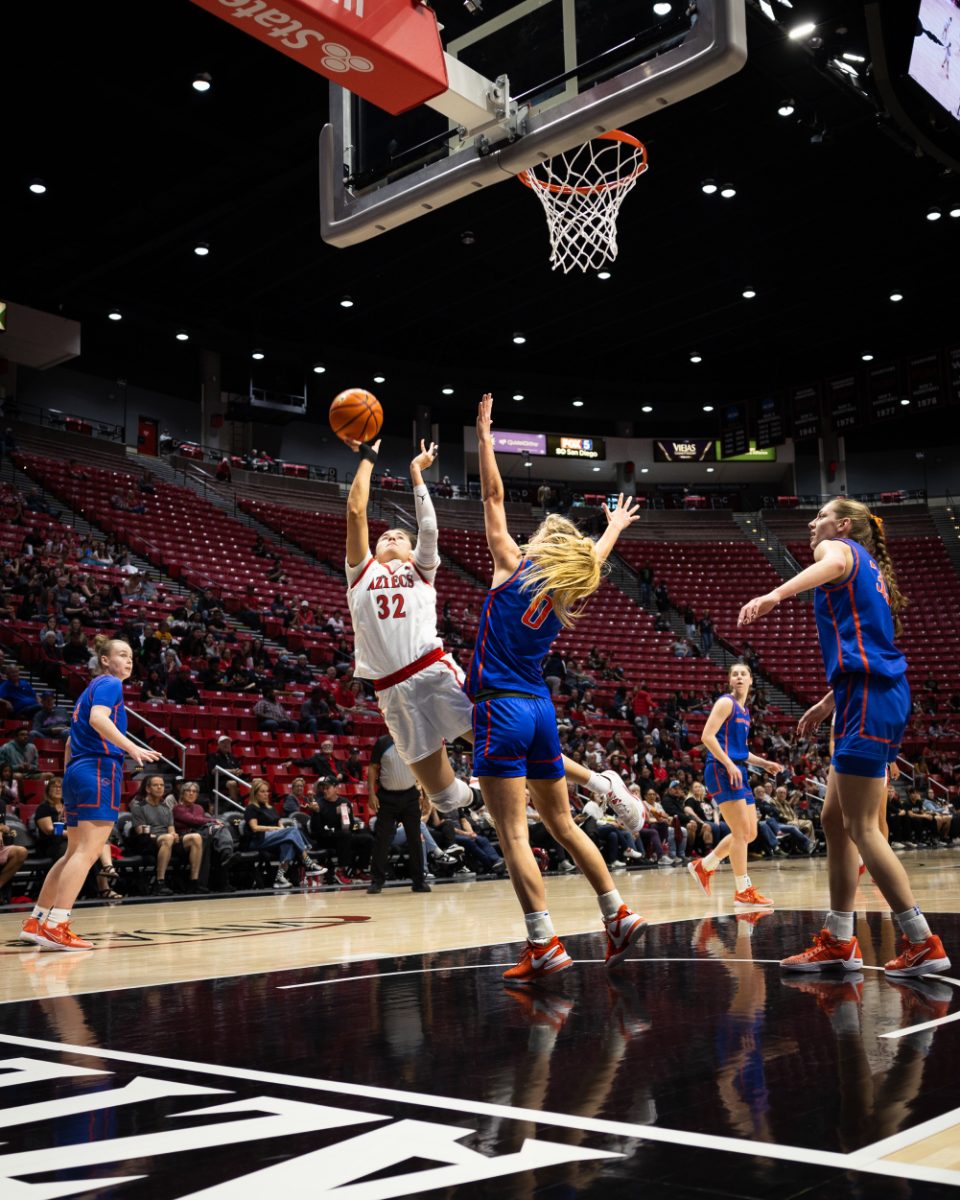 San Diego State forward Adryana Quezada draws a foul while fading away for a shot against Boise State guard Tatum Thompson (0) on Saturday, Jan. 27 at Viejas Arena. Quezadas 19 points led the Aztecs in scoring, it was the 11th time this season shes been the Scarlet and Blacks top scorer.