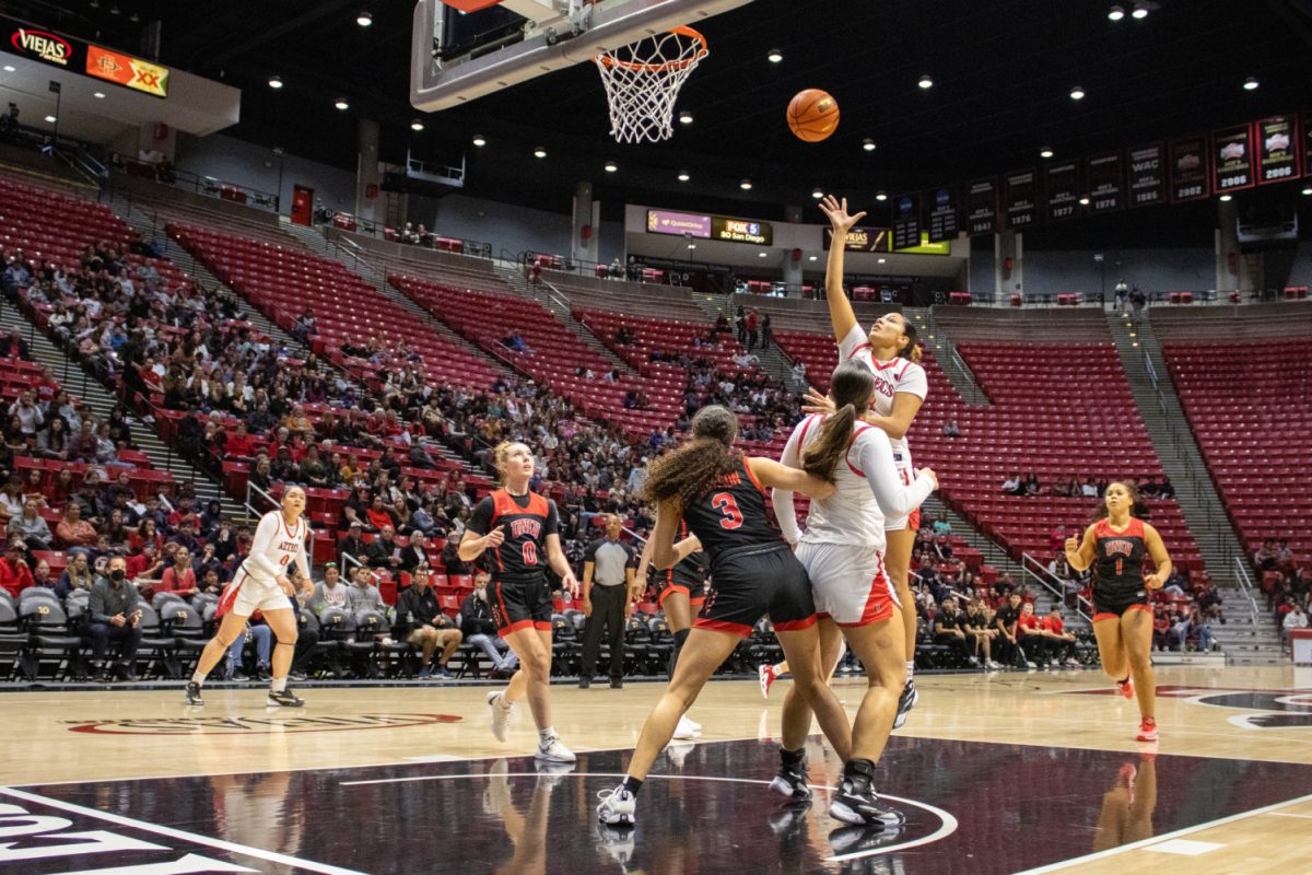 San Diego State forward Kim Villalobos elevates for a shot over UNLV guard Kiara Jackson on Wednesday, Jan. 17 at Viejas Arena. Villalobos recorded her fourth double-double in the last five games in Aztecs 67-60 loss.