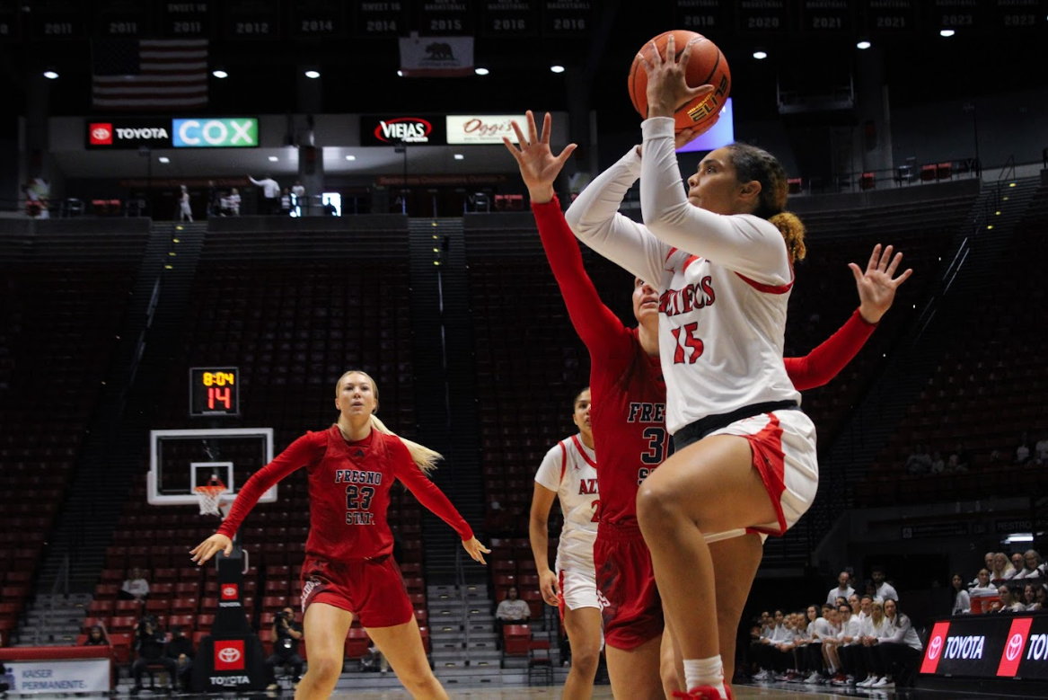 San Diego State Guard Jada Lewis attempts a contested shot against the Fresno State Defense at Viejas Arena. She recorded a 9 point game, with 4 field goals made in the Aztec loss at Boise State on Saturday, Jan.13. 