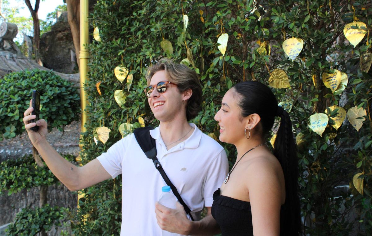 JMS students, Max Hanson (left) and Marissa Evangelista (right), kick off the Thailand study abroad trip with their Instagram takeover on Thursday, January 4, 2024. Their takeover featured the Golden Mount, Wat Pho, a boat tour and trying new foods. 