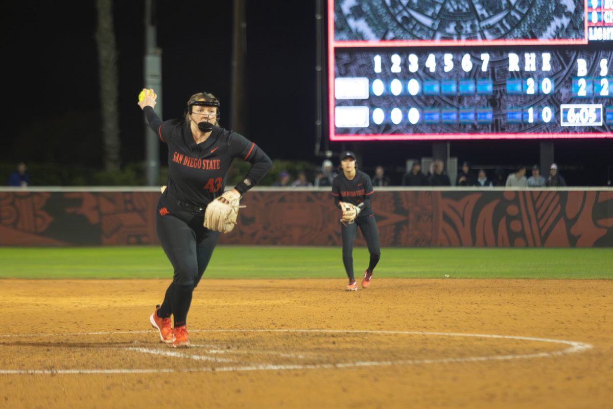 SDSU senior Allie Light starts on the mound for the No. 24 softball team against No. 3 Stanford on Thursday, Feb. 8 at the SDSU Softball Stadium. She threw for 5 innings, giving up 2 hits, 1 walk and striking out 5.