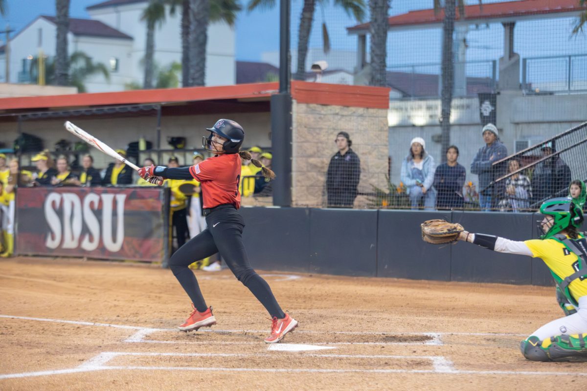San+Diego+State+outfielder+Bella+Espinoza+hits+during+a+game+earlier+this+season+at+the+SDSU+Softball+Stadium.+Espinoza+finished+the+tournament+at+the+Mary+Nutter+Classic+with+five+hits+and+three+runs+scored.