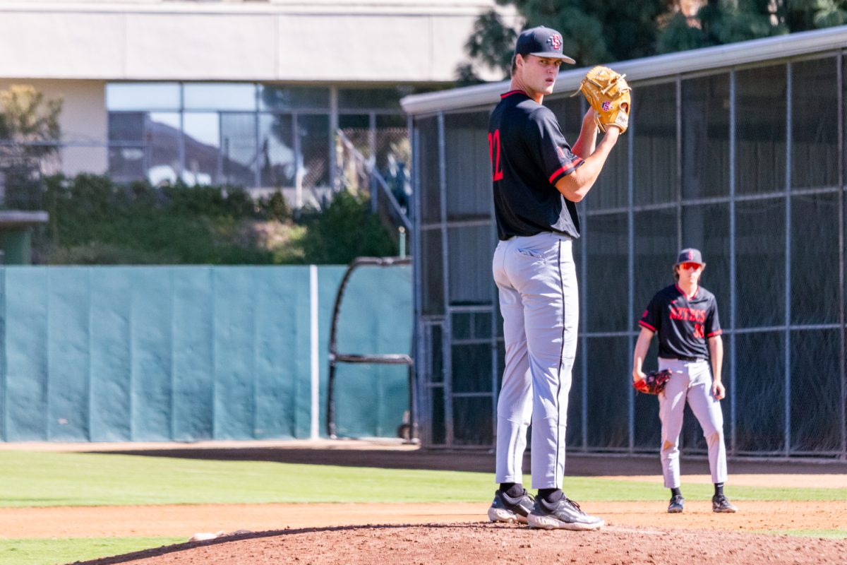 San Diego State pitcher Chris Canada on the mound against Central Arizona College during a fall ball game in 2023. Canada was one of two Aztecs named to the Preseason All-Mountain West team.