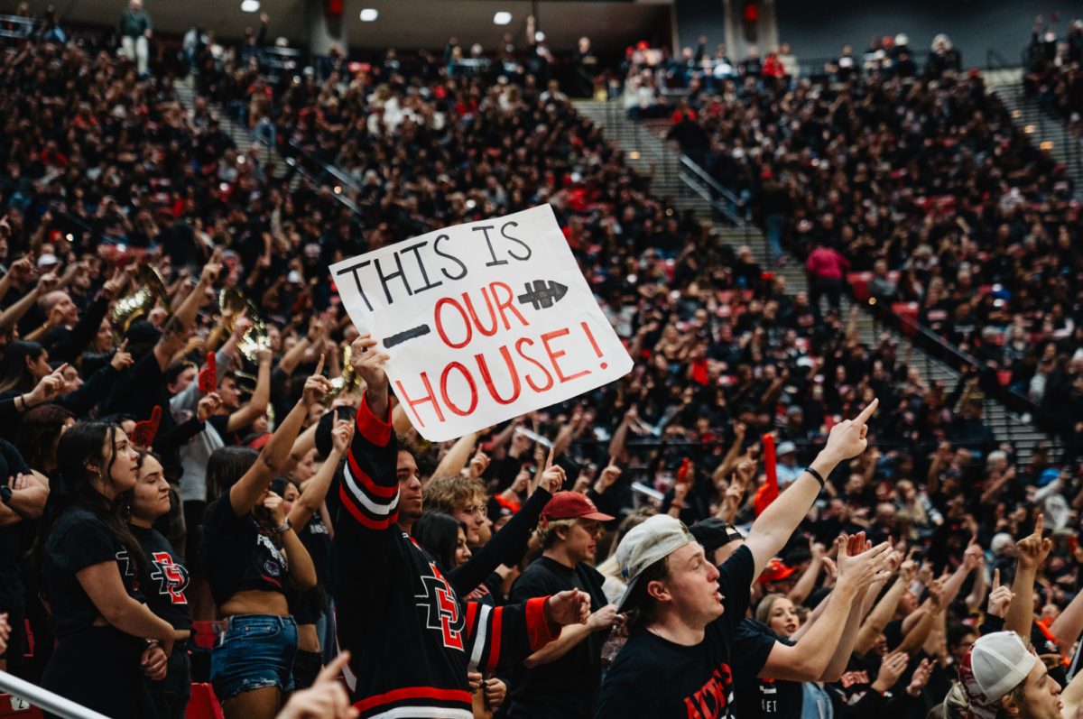 A San Diego State student holds up a sign during the Mountain West Conference game between the Aztecs and New Mexico on Friday, Feb. 16 at Viejas Arena. SDSU avenged a home loss to the Lobos last season to remain unbeaten on Steve Fisher Court during the 2023-24 season.