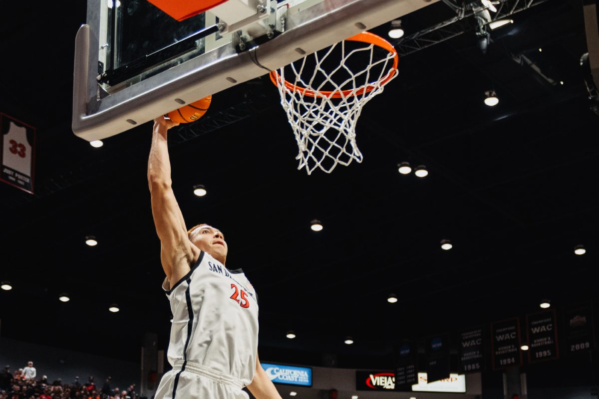 San Diego State forward Elijah Saunders catches a lob for an alley-oop dunk against New Mexico on Friday, Feb. 16 at Viejas Arena. Saunders 12 points were the most in a Mountain West game in his career as the Aztecs beat the Lobos 81-70.