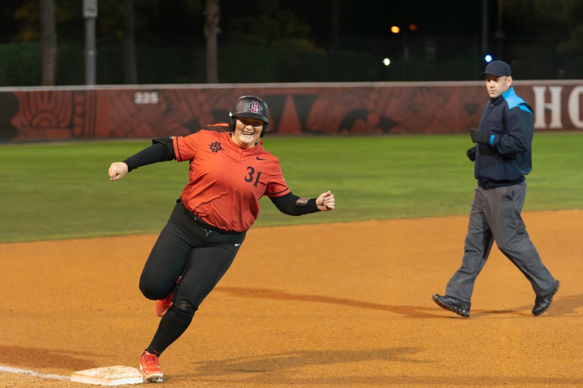San Diego State first base Mac Barbara reacts while rounding third base after a solo home run in the fifth inning against UC Santa Barbara on Saturday, Feb. 10 The No. 24 Aztecs beat the Gauchos 6-1.