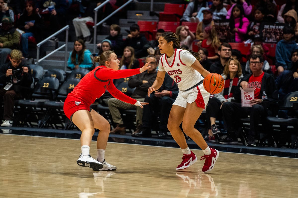 San Diego State guard Jada Lewis sizes up a defender earlier this season at Viejas Arena. Lewis made the game-winning shot against the San José State Spartans on Saturday, Feb. 10.