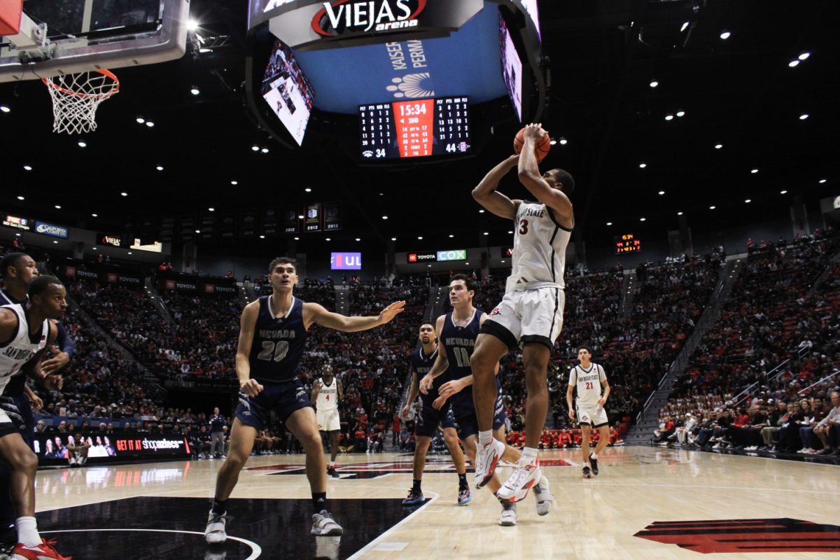 San+Diego+State+forward+Jaedon+LeDee+takes+a+fade+away+jump+shot+earlier+this+season+at+Viejas+Arena.+LeDee+dropped+their+first+overtime+game+of+the+season+to+Nevada+on+Friday%2C+Feb.+9+after+winning+two+games+in+the+extra+session+earlier+this+season.