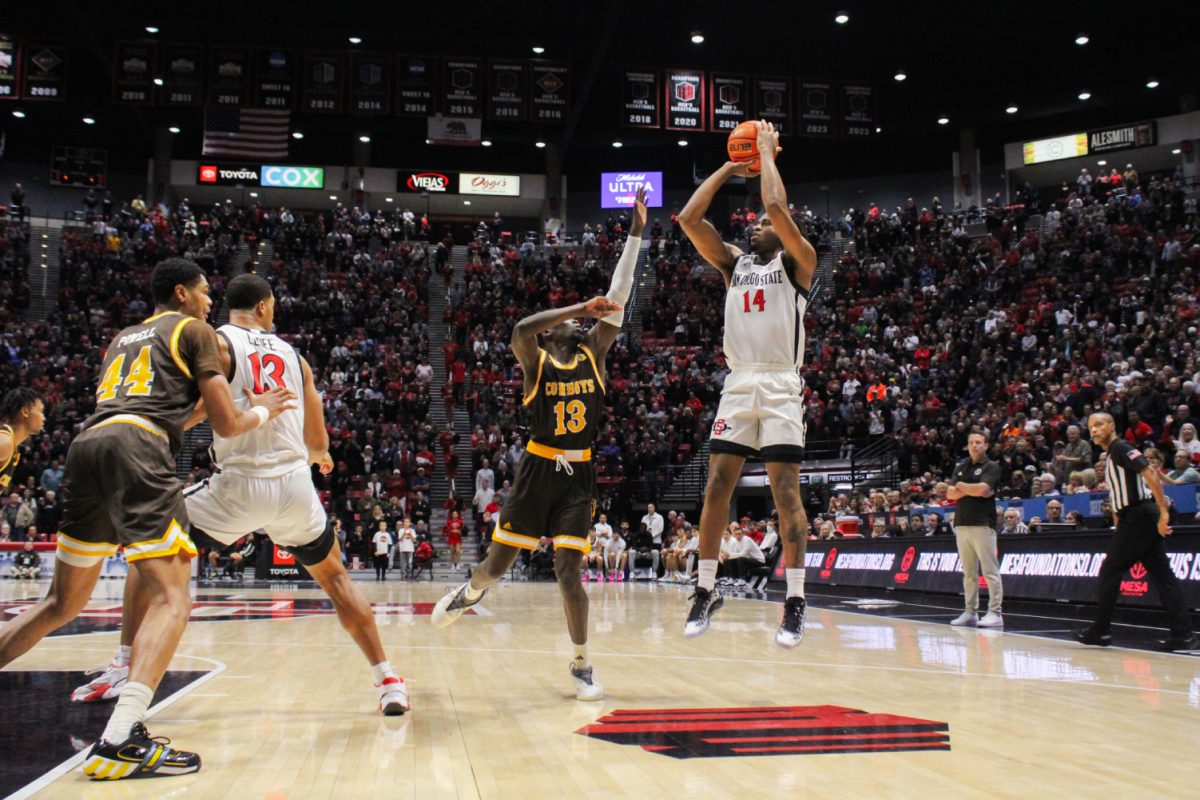 San Diego State guard Reese Waters takes a jump shot earlier this season at Viejas Arena. Waters made a career-high five 3-pointers in the Aztecs 77-64 win at Air Force on Tuesday, Feb. 8.