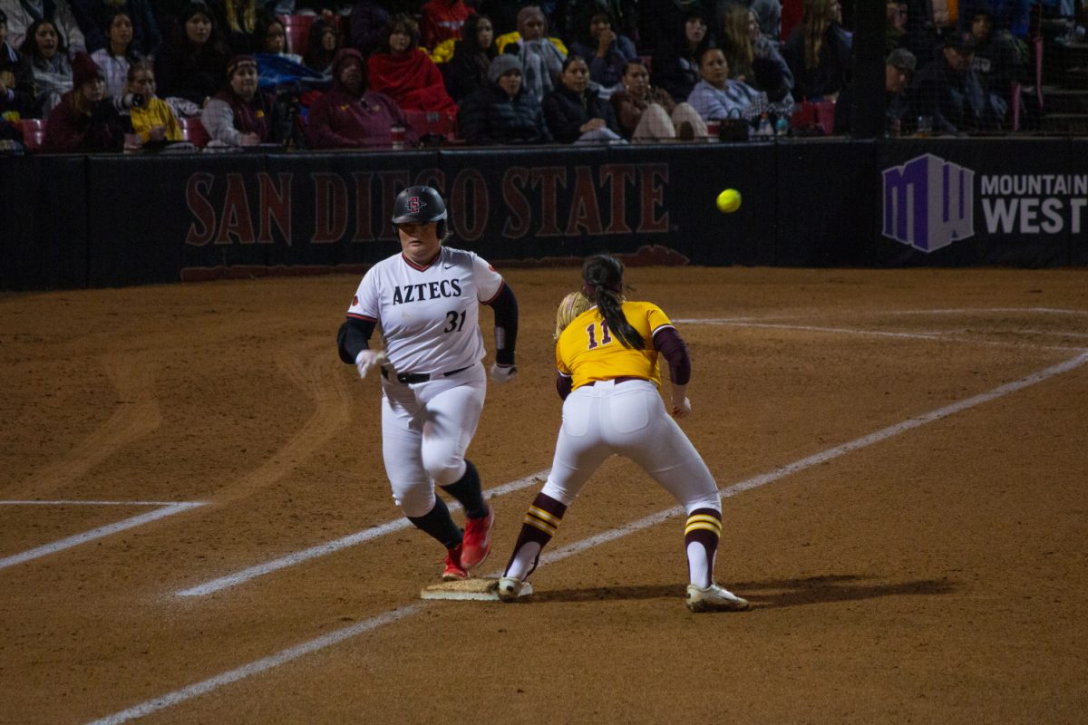 San+Diego+State+first+base%2Fdesignated+player+Mac+Barbara+races+to+beat+the+throw+at+first+base+against+Minnesota+on+Friday%2C+Feb.+9+at+SDSU+Softball+Stadium.+Barbara+had+an+RBI+double+in+the+sixth+inning+of+the+No.+24+Aztecs+5-3+loss+to+the+Golden+Gophers.