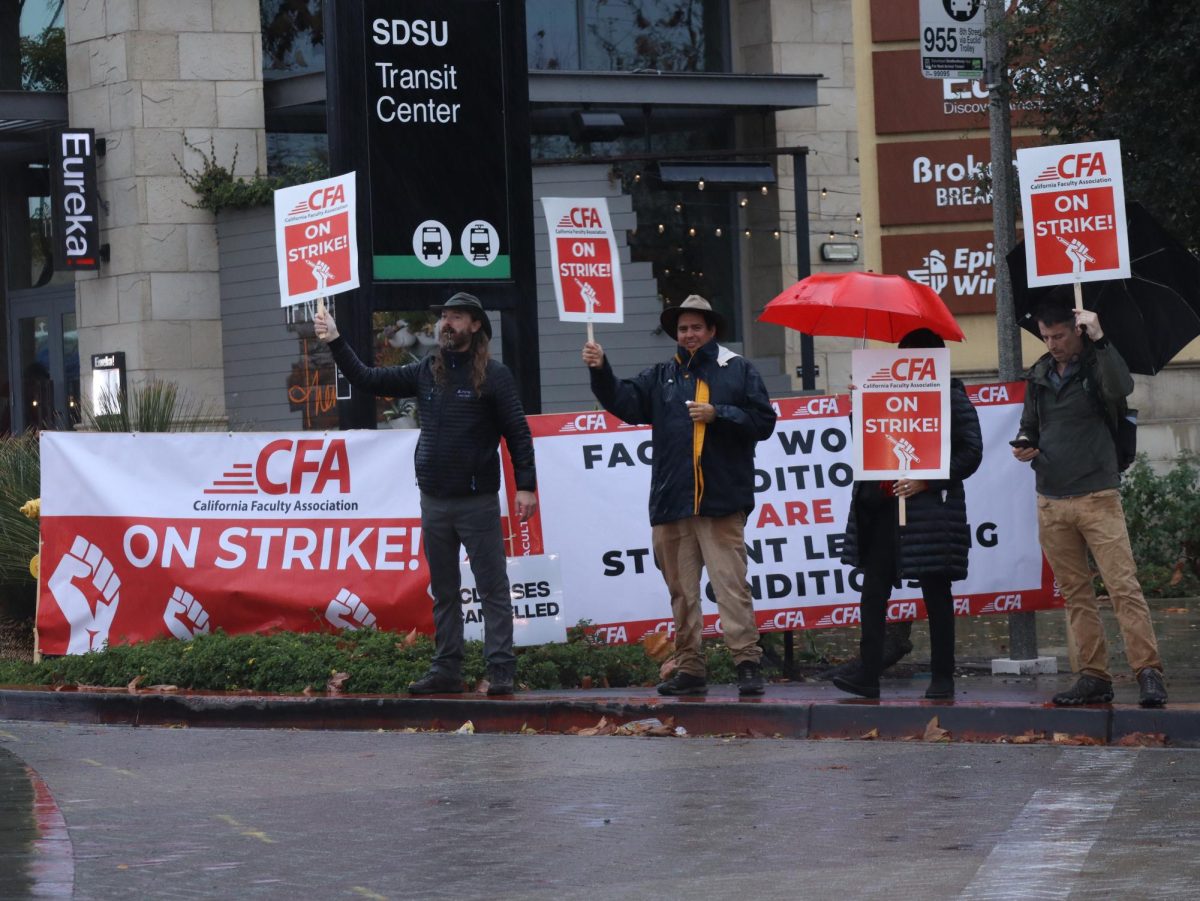Members of the California Faculty Association strike on the side of the road at San Diego State University on Jan. 22, 2024.