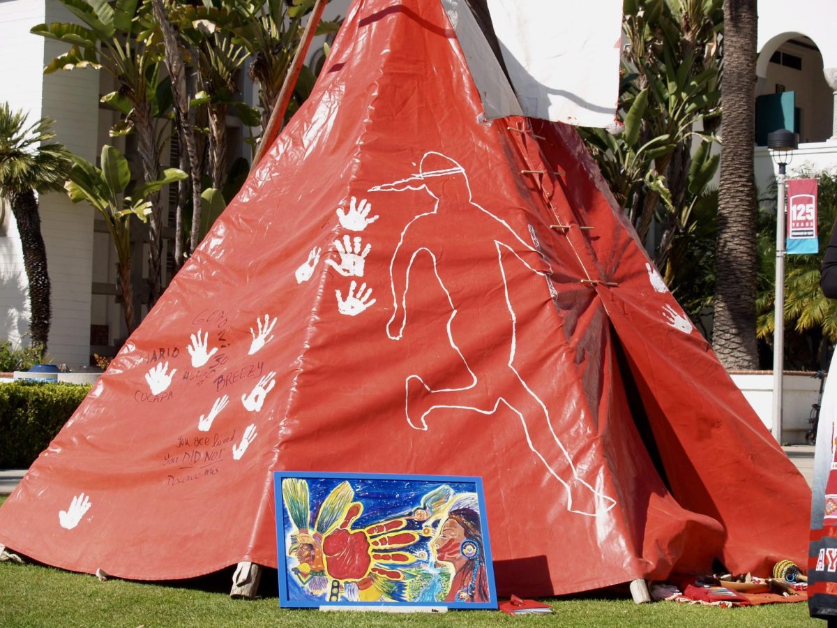 A tipi was set up in front of Hepner Hall to honor missing and murdered indigenous women during the Feb. 14 ceremony. 