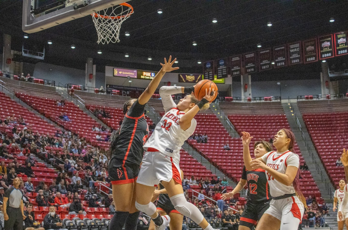 San+Diego+State+Forward+Adryana+Quezada+attempts+a+shot+in+the+paint+earlier+this+season.+Quezada+was+the+Aztecs+leading+scorer+with+11+points%2C+and+7+rebounds+in+the+82-50+loss+at+Colorado+State+on+Saturday%2C+Feb.+3.+