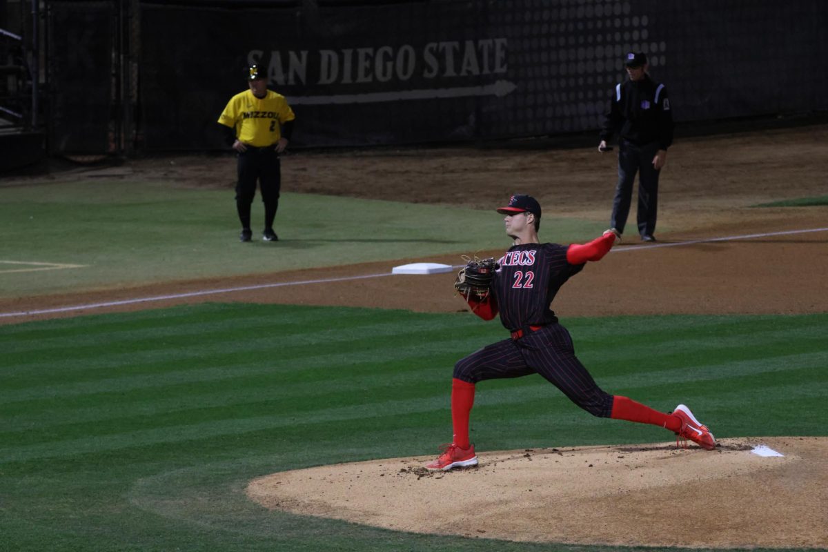 San Diego State pitcher Chris Canada winds up to throw a pitch on the mound earlier this season at Tony Gwynn Stadium. The Aztecs fell to Fresno State 12-6, as Canada allowed eight runs, and two strikeouts on a brief outing. 