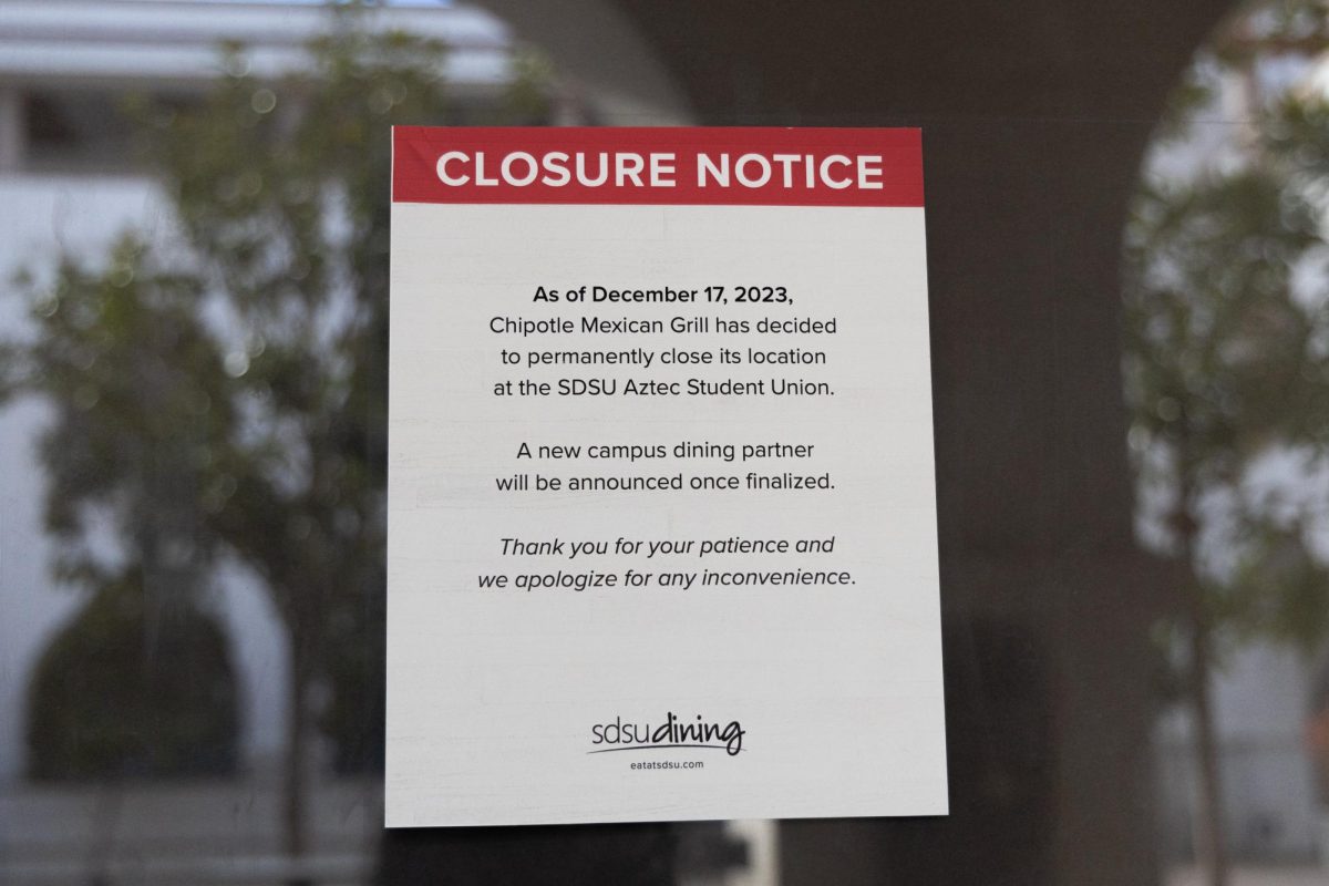A sign showcases a closure notice of San Diego State Universitys Chipotle Mexican Grill at the Aztec Student Union on Feb. 25, 2024.