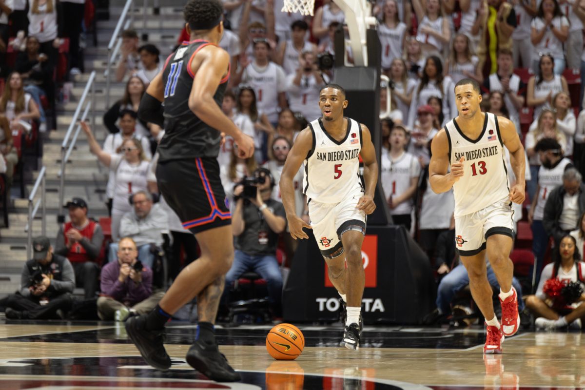 San Diego State guard Lamont Butler (5) takes the ball up the court followed by forward Jaedon LeDee (13) on Friday, March 8 at Viejas Arena. The Aztecs 79-77 loss to Boise State, coupled with Mountain West results on Saturday made SDSU the No. 5 seed for the 2024 Mountain West Tournament.