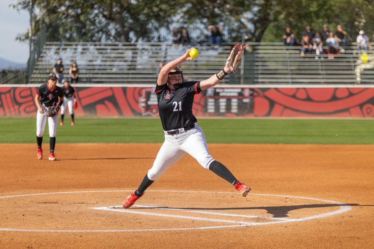 San Diego State pitcher Cece Cellura winds up on the mound to make a pitch earlier this season at SDSU Softball stadium. Cellura played a strong game to help the Aztecs defeat the Rams in a 2-0 shutout win. 