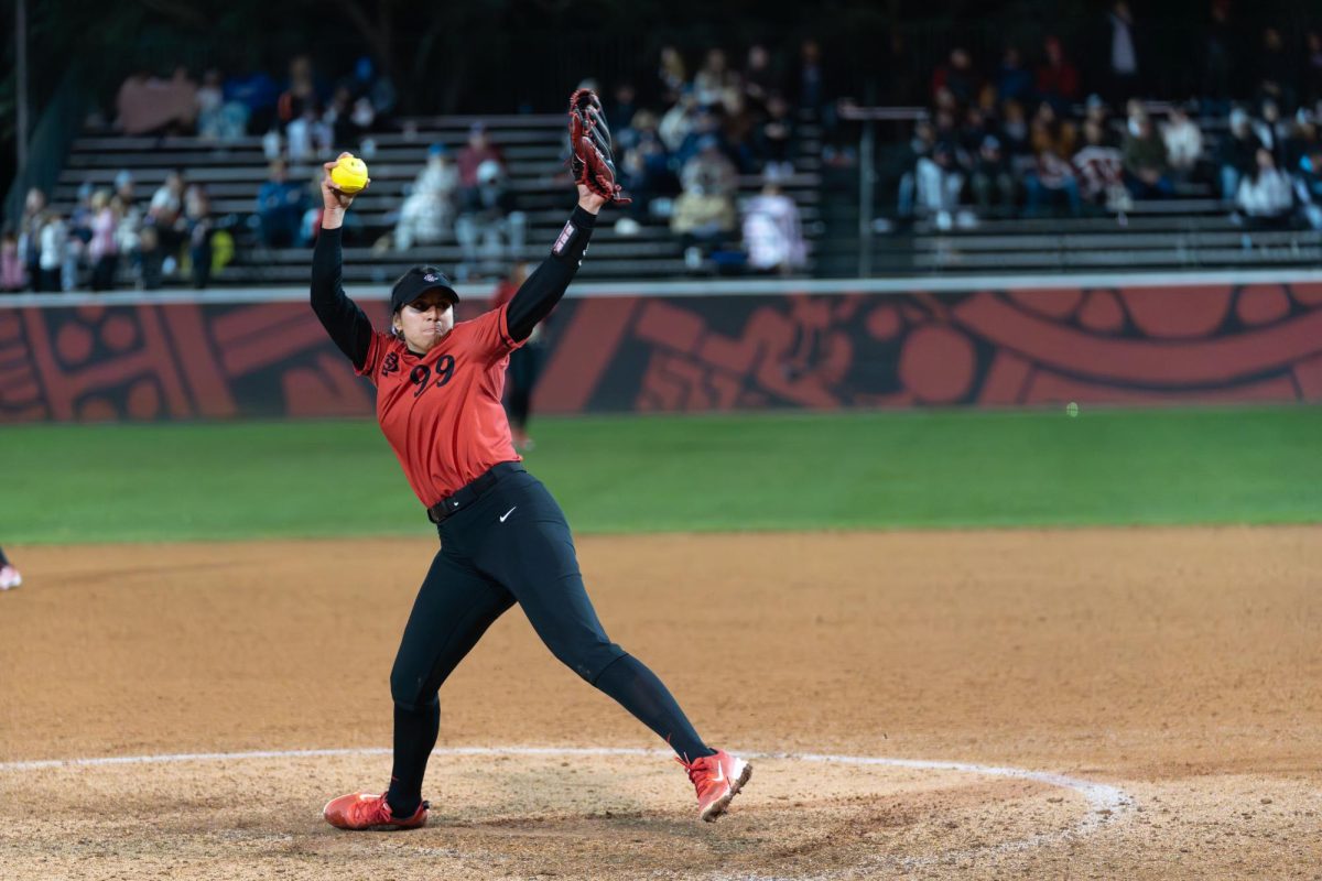 San Diego State pitcher Cassidy West throwing a pitch earlier this season at SDSU Softball Stadium. 