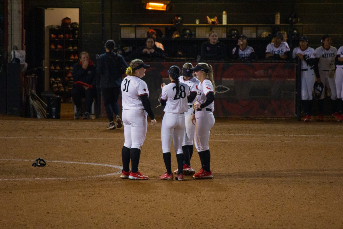 San Diego States infielders gather behind the circle earlier this season at the SDSU Softball Stadium. The Aztecs won all four games this past weekend at the Louisville Slugger Invitational.