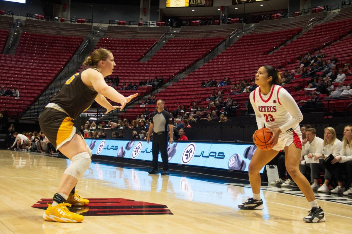 San Diego State forward Kim Villalobos stands one on one with a Wyoming defender with possession at Viejas Arena. Villalobos scored a career-high 24 points on senior night in the win against thr Wyoming Cowgirls 58-55 on Tuesday, Mar. 5. 