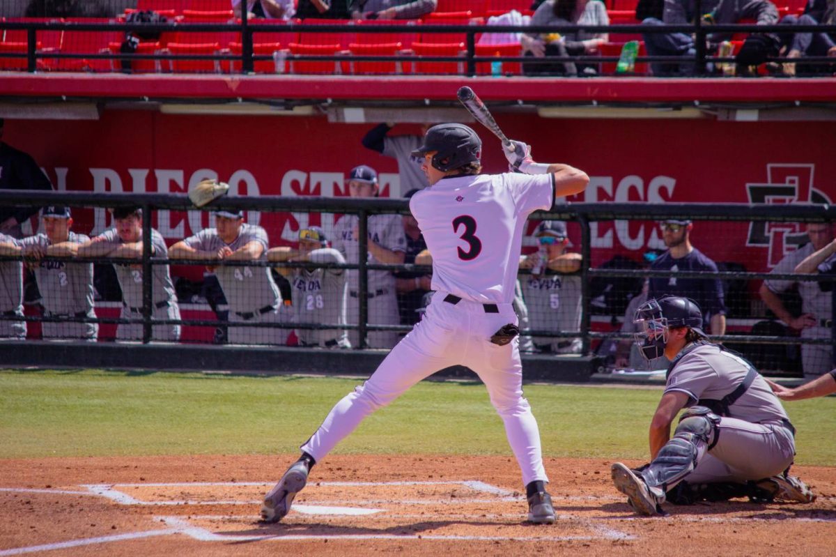 San Diego State outfielder Jack Jackson stays on base to make a swing at bat. The Aztecs went 0-3 against Air Force over the weekend. 