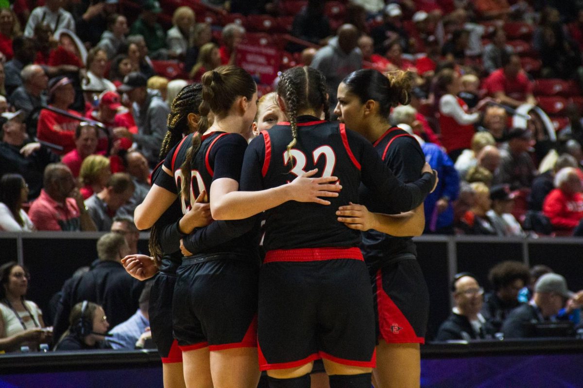 The+San+Diego+State+womens+basketball+team+group+huddle+together+at+Thomas+%26+Mack+Center+on+Wednesday%2C+Mar.+13.+The+Aztecs+lost+to+the+UNLV+Runnin+Rebels++during+the+Mountain+West+Championship.+