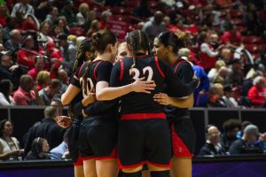 The San Diego State womens basketball team group huddle together at Thomas & Mack Center on Wednesday, Mar. 13. The Aztecs lost to the UNLV Runnin Rebels  during the Mountain West Championship. 