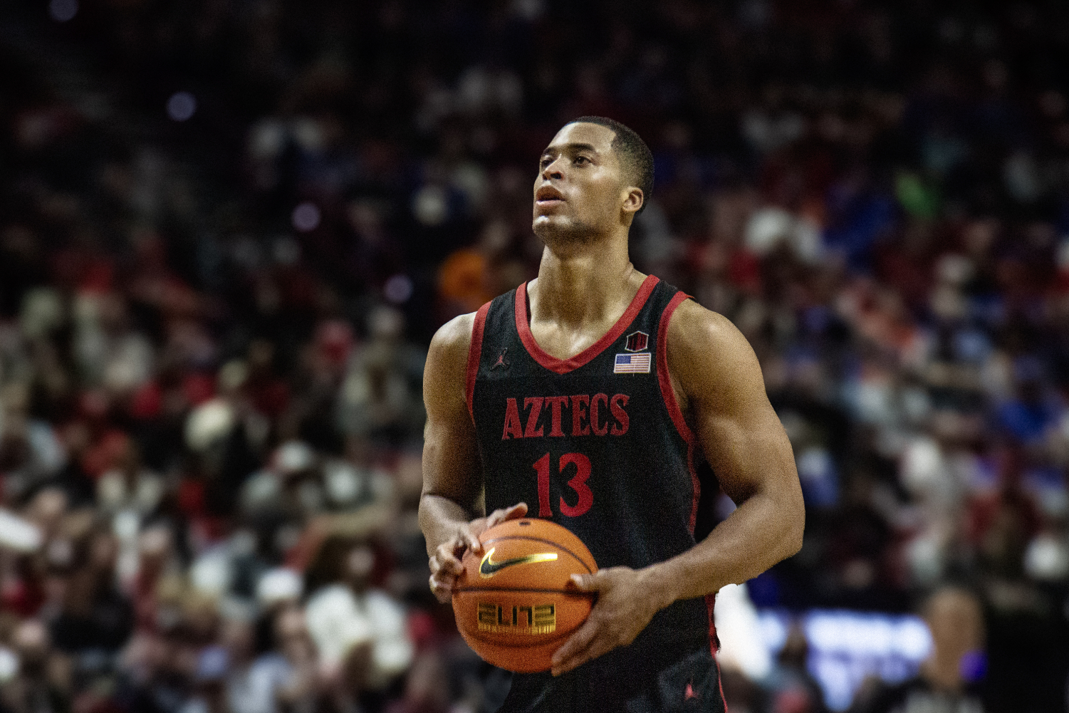 San Diego State forward Jaedon LeDee readies to take a free throw during the 2024 Mountain West Mens Championship Quarterfinals against UNLV on March 14. The senior has made 19 of his last 20 free throw attempts since that contest against the Runnin Rebels.