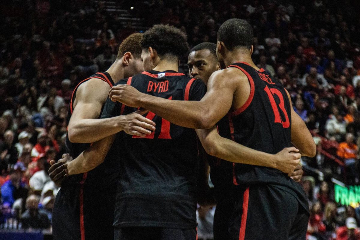 San+Diego+State+Mens+basketball+team+huddles+during+their+quarterfinals+game+against+UNLV+on+March+14.+at+Thomas+%26+Mack+Center+